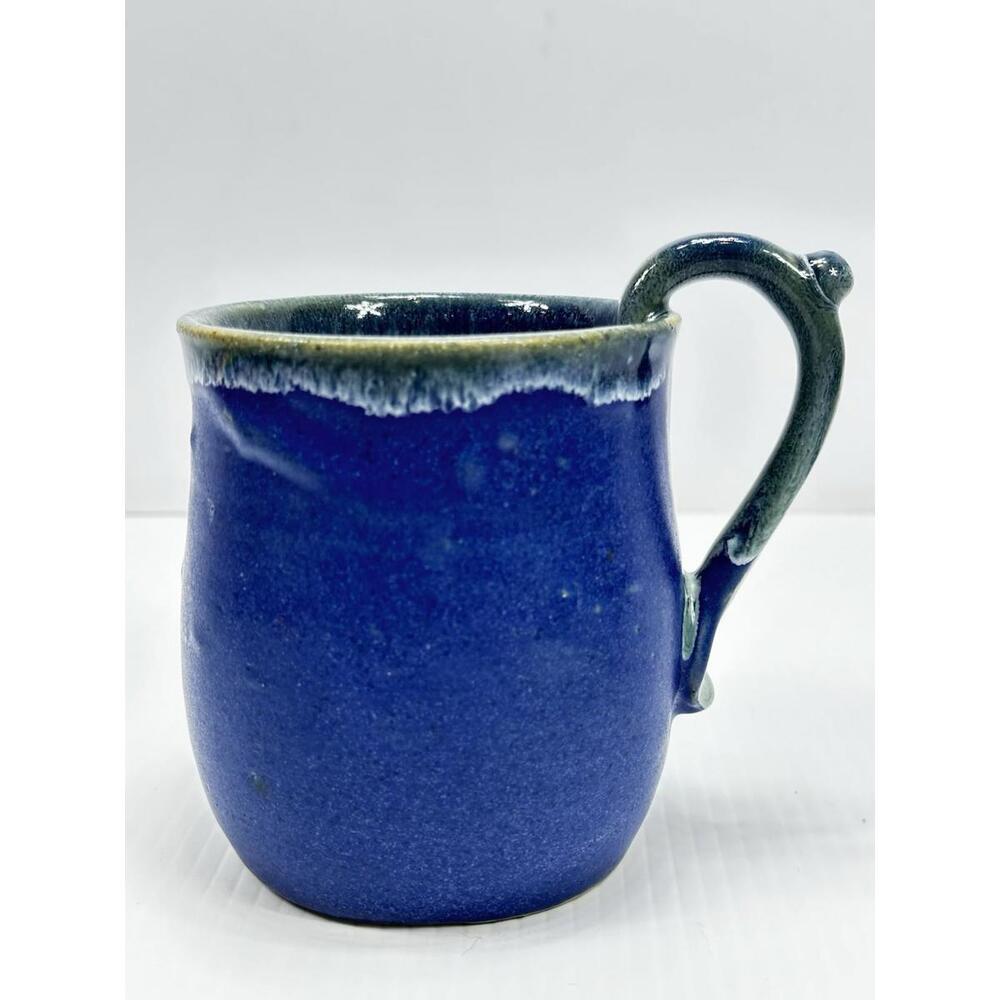 Studio Art Pottery Coffee Mug Blue Gray Grey Curving Handle Hand Thrown Ceramic